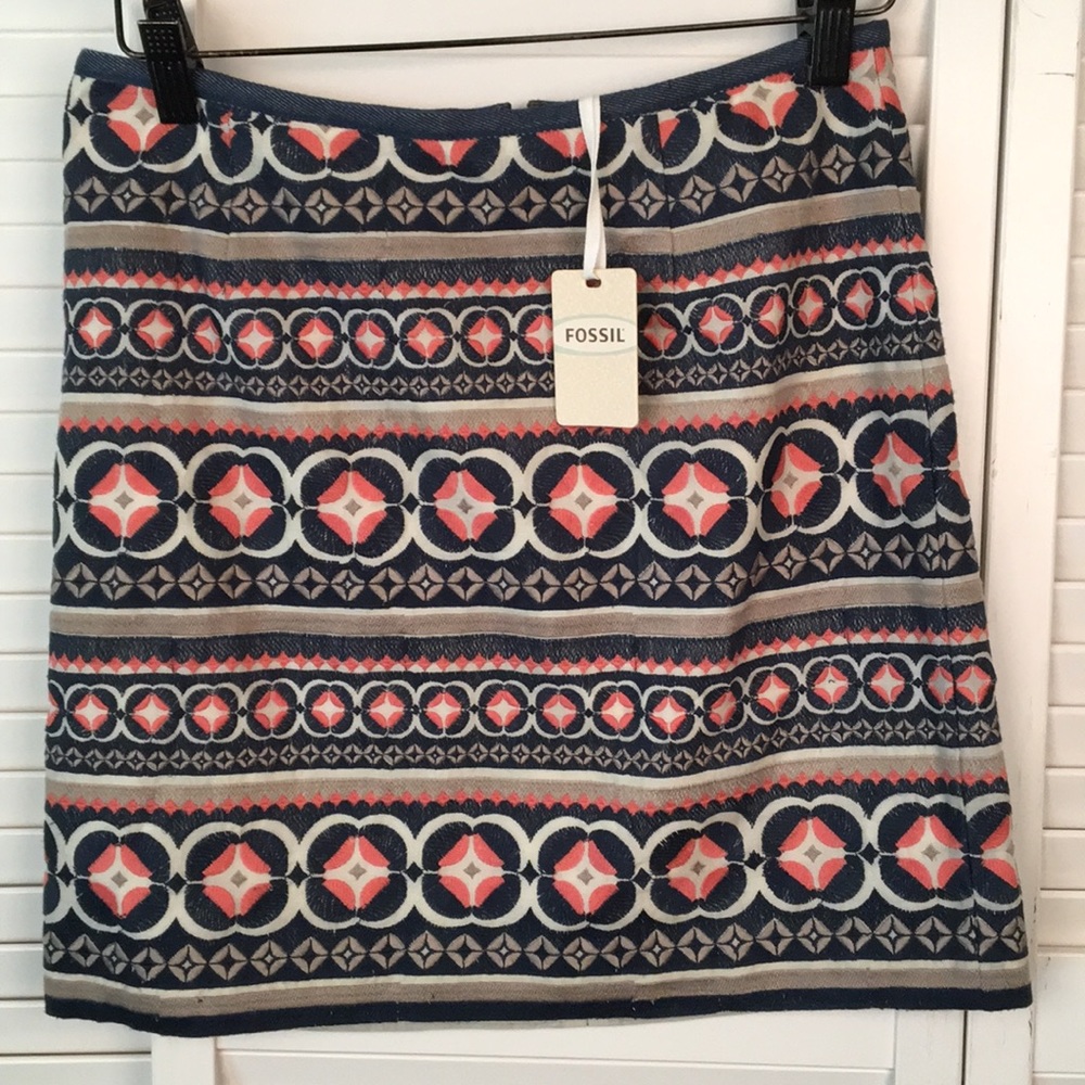 FOSSIL Pencil Evan Skirt. Dark Blush w Navy